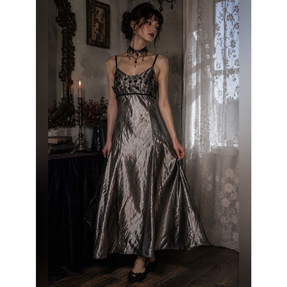 VTG Jessica Mcclintock Gunne Sax Grey Silver Floral Beaded Maxi Gown Dress Sz 7
